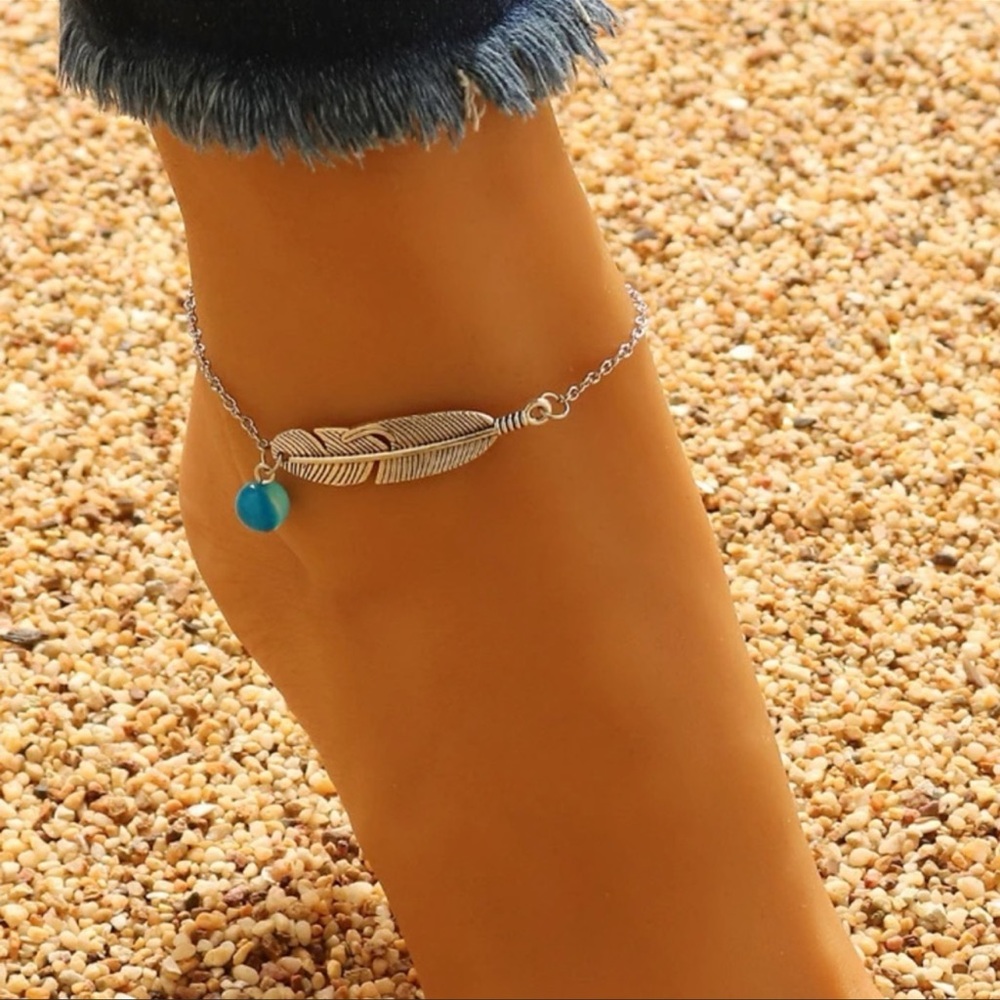 Silver Feather turquoise ankle bracelet